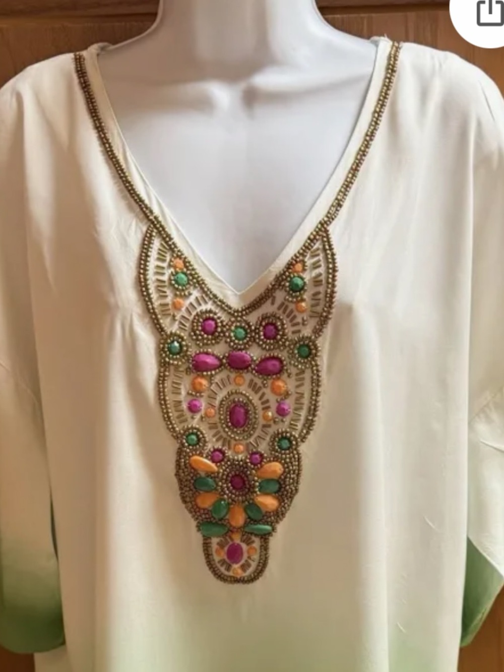Chico's White V-Neck Tunic with Pink and Green Embroidery